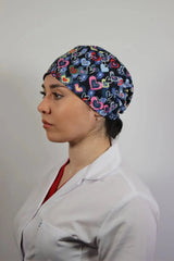 Navy Blue Unisex Medical Cap – Surgical Hat with Mini Hearts Print