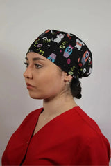 Black Unisex Medical Cap – Surgical Hat with Cats Print