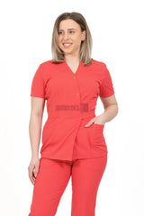 Coral Red - Women - Belted Scrub Set Elastane